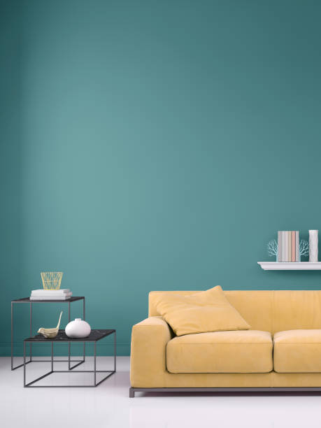 pastell farbigen sofa mit leeren wandschablone - home interior sparse bedroom inside of stock-fotos und bilder