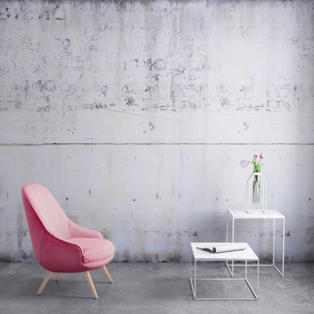 istock Pastel colored armchair with coffee table, flowers and blank wall template 899419468