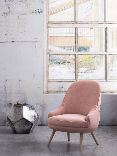 istock Pastel colored armchair with coffee table, window and blank wall template 899419478