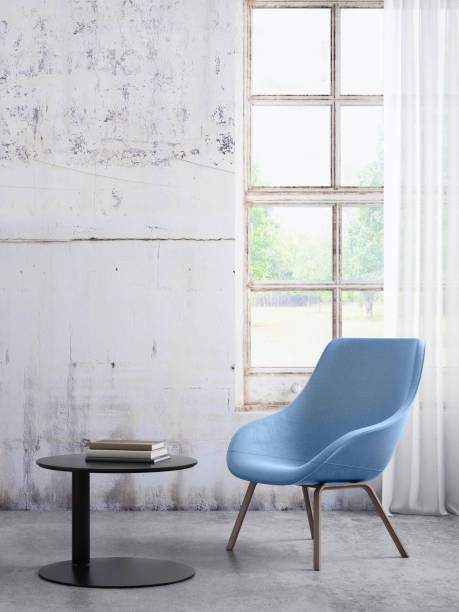 istock Pastel colored armchair with coffee table, window and blank wall template 899419496