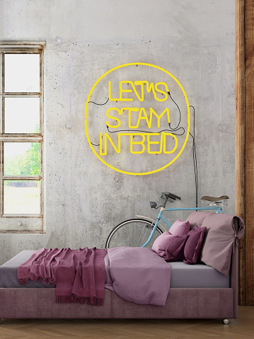 Bedroom interior background, render with bed, window with curtain, plant in a vase, bicycle, and blank wall for copy space. yellow neon sign on the wall. template background mock up
