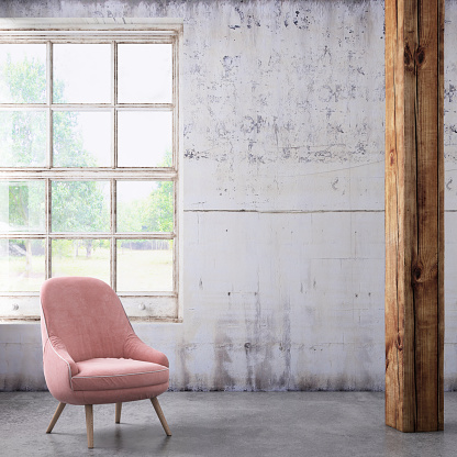 Interior render with pastel armchair and blank wall for copy space. coffee table and window. background mock up template