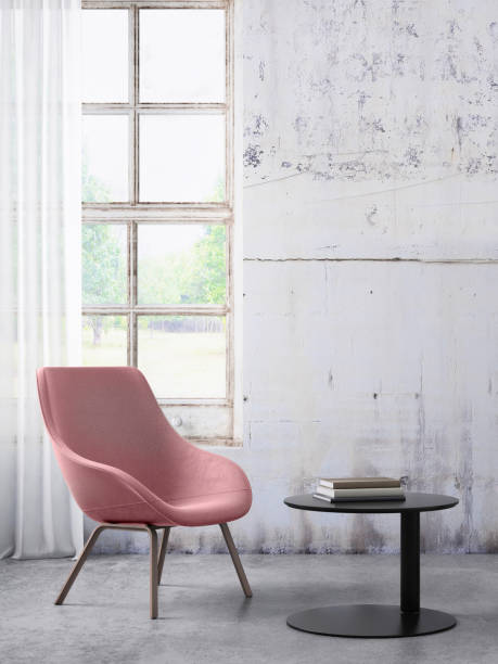 Chair with coffee table and window with curtains, blank wall template copy space