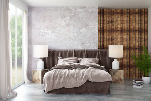 istock Bed with nightstand and wall lamp template 899419516