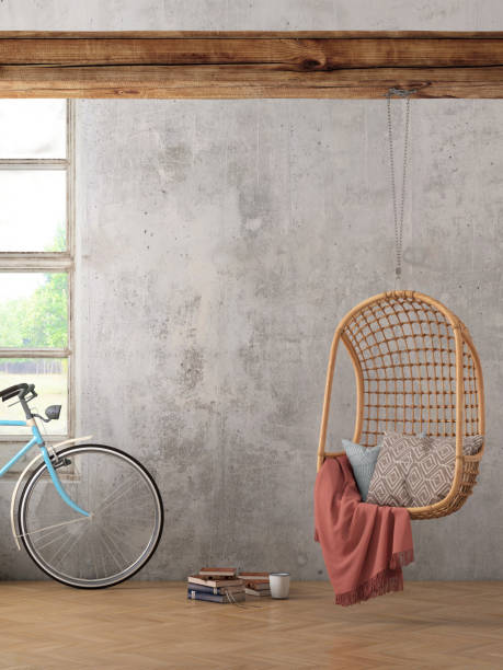 istock Modern hipster interior with pendant chair and a bicycle wall template 899419520