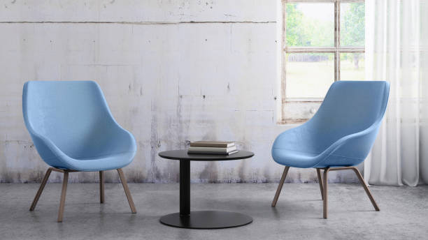 istock Chairs with coffee table and window with curtains, blank wall template copy space 899419522