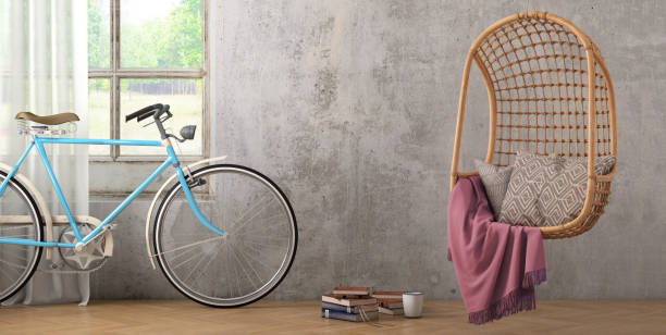 istock Modern hipster interior with pendant chair and a bicycle wall template 899419524
