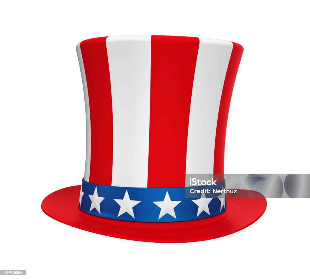 Uncle Sam Hat Isolated Uncle Sam Hat isolated on white background. 3D render Hat Stock Photo