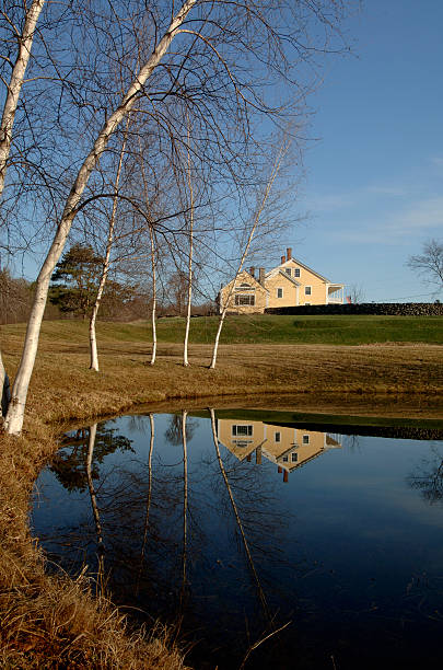 Farmhouse Reflected in a Pond stock photo