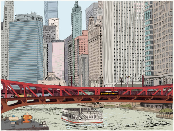 11A1B3A9-68BC-47D0-9ABF-210418F1808C A boat along the Chicago river passes under the Clark Street bridge. Hand drawn vector illustration. Skyscrapers all around. chicago clark street stock illustrations