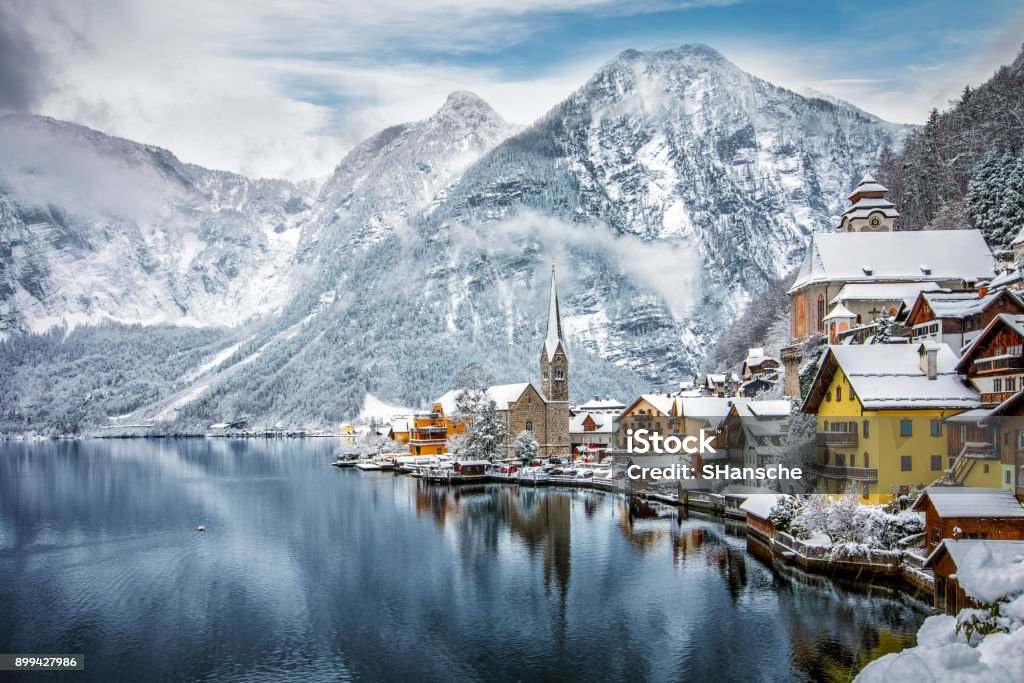 The snow covered village of Hallstatt in the Austrian Alps The snow covered village of Hallstatt in the Austrian Alps during winter time Austria Stock Photo