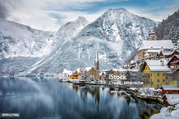 The Snow Covered Village Of Hallstatt In The Austrian Alps Stock Photo - Download Image Now