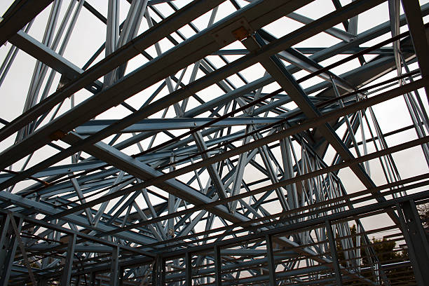 Steel beams and flooring on a building under construction in a city. Fullscreen background.