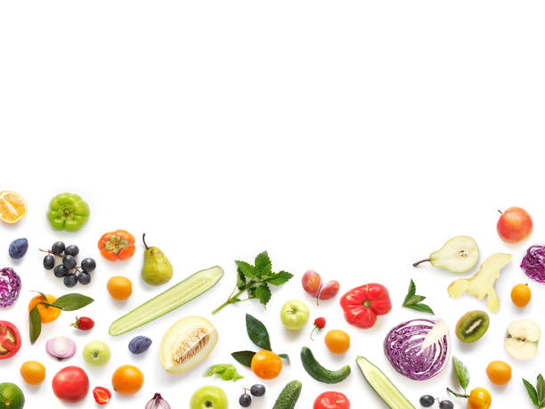 istock Various vegetables and fruits isolated on white background, top view, flat layout. 899437704