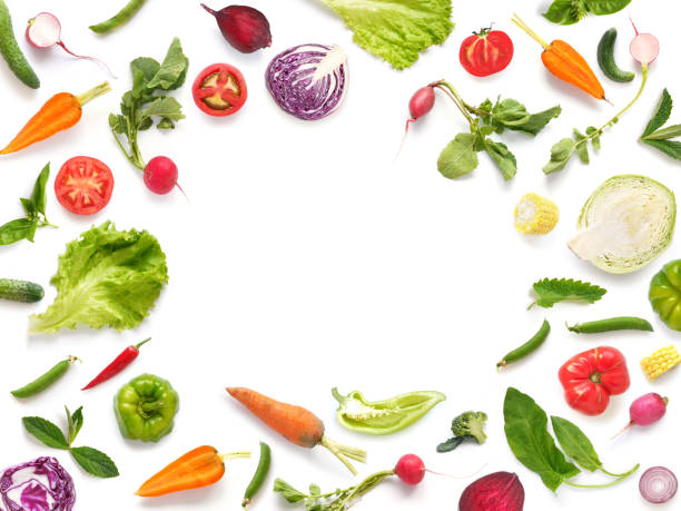 istock Various vegetables and fruits isolated on white background, top view, flat layout. 899437712