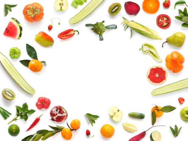 istock Various vegetables and fruits isolated on white background, top view, flat layout. 899437714