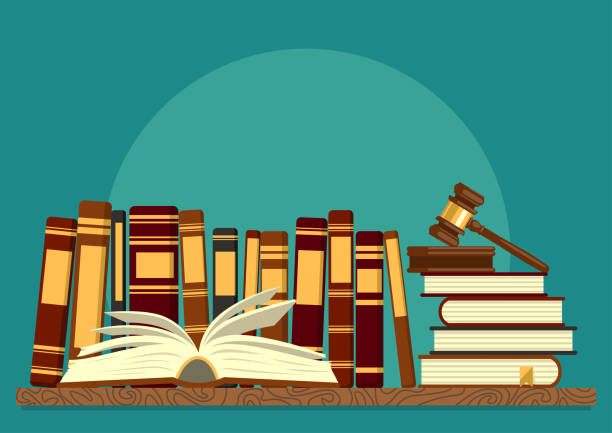 ilustrações, clipart, desenhos animados e ícones de livros na prateleira com o livro aberto e martelo de juiz - law school