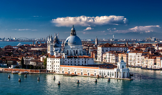 Panoramic cityscape of Venice with Santa Maria della Salute church, Italy, Europe from S. George's Church bell tower