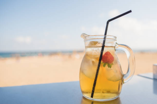 White sangria ready to drink, served at a bar by the beach in Barcelona.