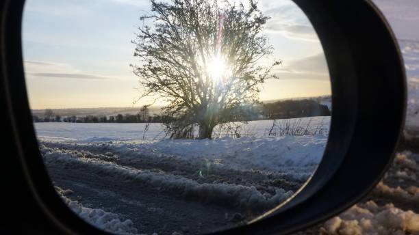 reflexo de uma árvore e o sol em um dia de neve em um espelho de asa de carros. - car winter road reflector snow - fotografias e filmes do acervo