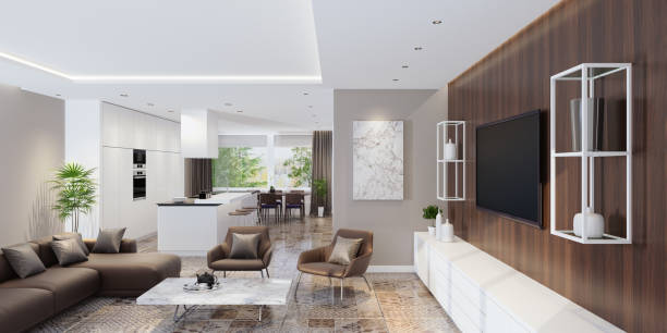 istock Luxury living room interior with modern minimalist kitchen 899455208