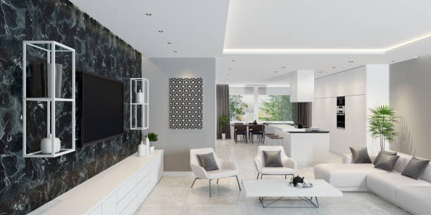 istock Luxury living room interior with modern minimalist kitchen 899455212