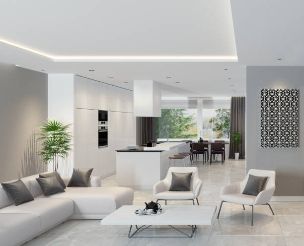 istock Luxury living room interior with modern minimalist kitchen 899455390