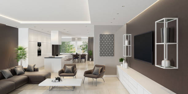 Luxury living room interior with modern minimalist kitchen