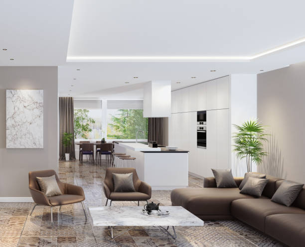istock Luxury living room interior with modern minimalist kitchen 899455396