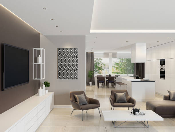 istock Luxury living room interior with modern minimalist kitchen 899457430