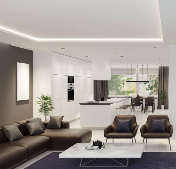 istock Luxury living room interior with modern minimalist kitchen 899457452