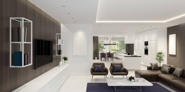 istock Luxury living room interior with modern minimalist kitchen 899457478