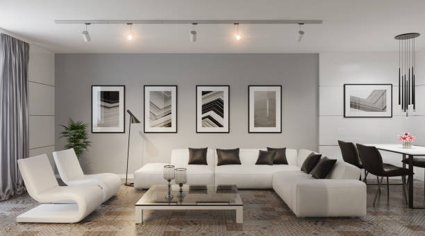 istock Small apartment modern white living room interior 899468428