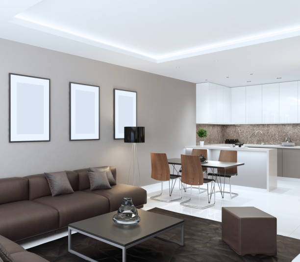 istock Small apartment modern white living room interior with small kitchen 899468734