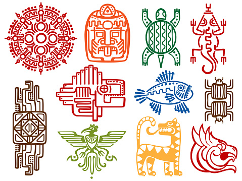 Colorful ancient mexican vector mythology symbols - american aztec, mayan culture native totem