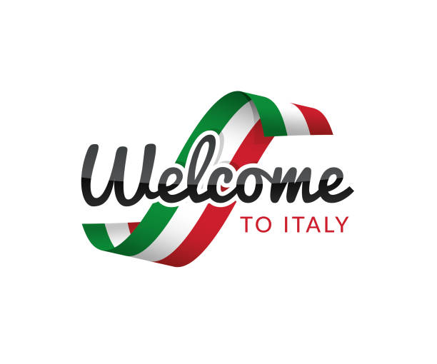welcome to italy flag, welcome, ribbon, country, vector official visit stock illustrations