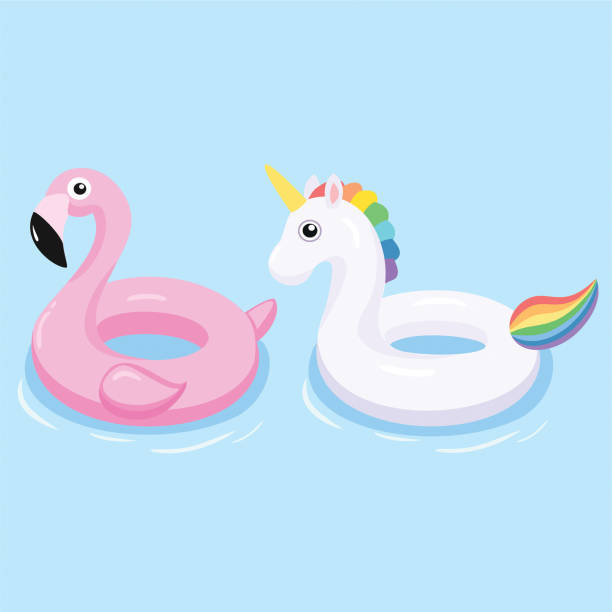 illustrazioni stock, clip art, cartoni animati e icone di tendenza di galleggiante gonfiabile in fenicottero e unicorno. illustrazione vettoriale. - white pink flamingo blue