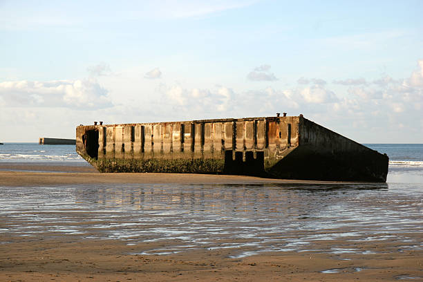 Mulberry harbour, Arromanches, Normandy stock photo