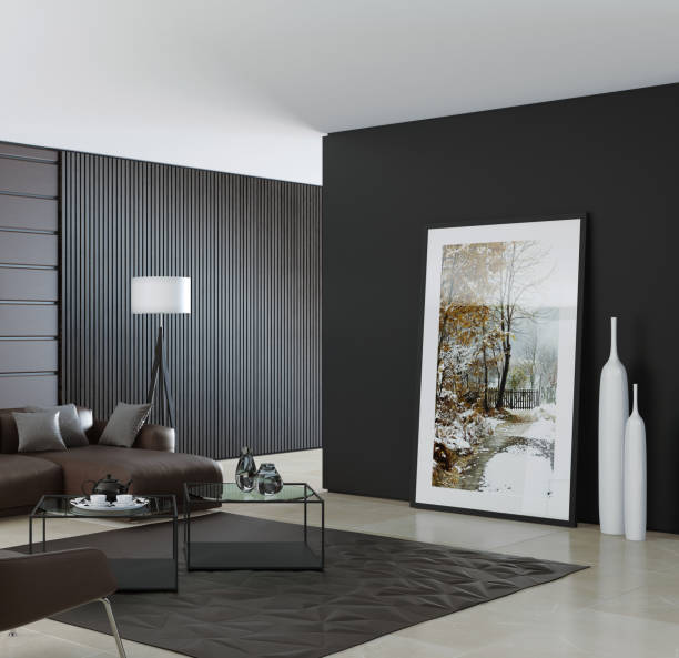 Contemporary dark minimalist living room interior with leather brown sofa