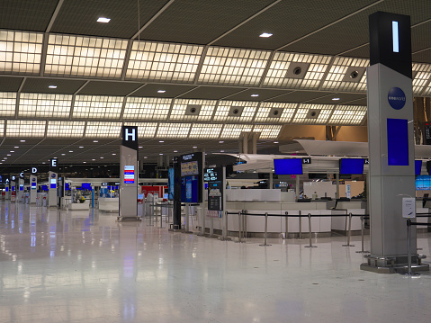 Narita,Japan-December 19, 2017: Narita Airport Terminal 2 is very quiet around 9PM, because all the check-in counters are already closed.