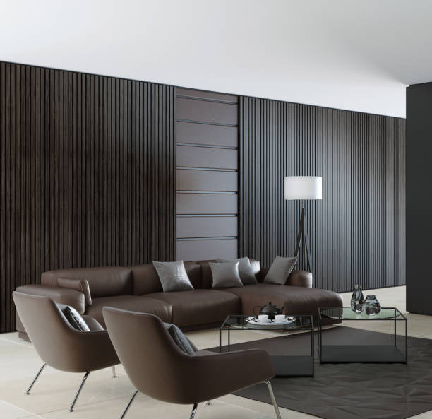 istock Contemporary dark minimalist living room interior with leather brown sofa 899483364