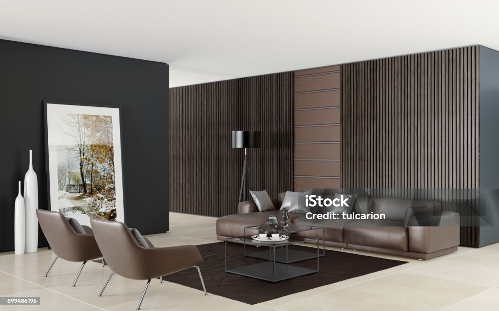Contemporary Dark Minimalist Living Room Interior With Leather
