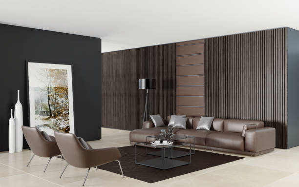 contemporary dark minimalist living room interior with leather brown sofa - armchair sofa leather brown imagens e fotografias de stock