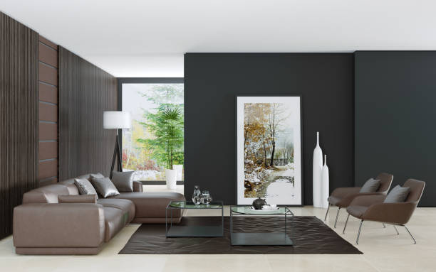 istock Contemporary dark minimalist living room interior with leather brown sofa 899487048