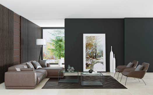 Contemporary villa minimalist interior with dark wall wood panels and light marble floor. Brown leather sofa and carpet.