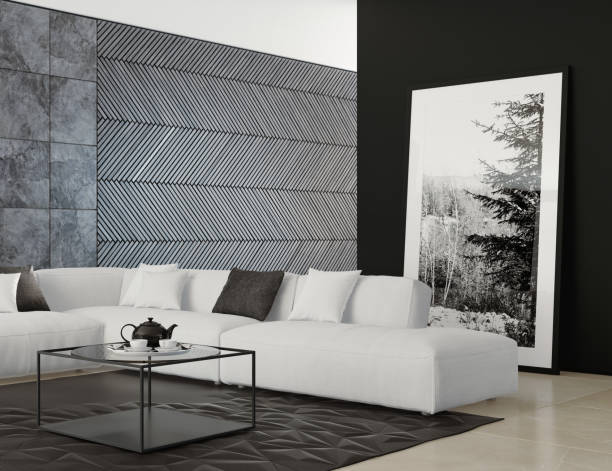 istock Contemporary dark minimalist living room interior with white sofa 899487052