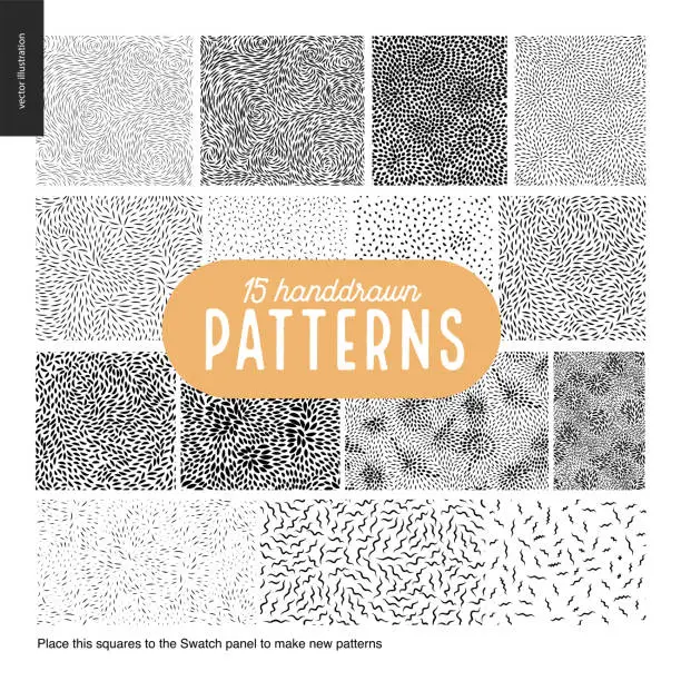 Vector illustration of Hand drawn black and white 15 patterns set