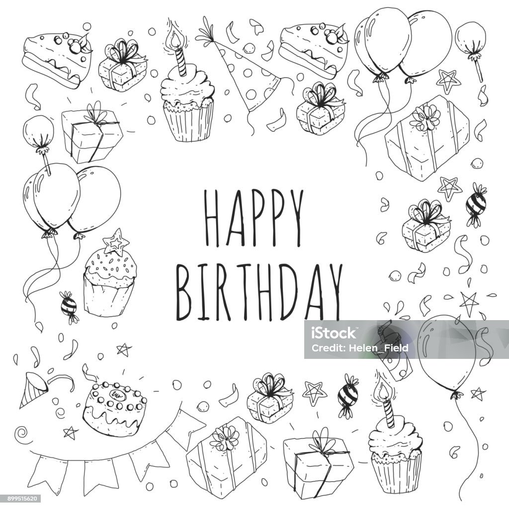 feest tekening - 4 Verjaardag Partij Kindergarten Kinderen Kids Tekening Uitnodiging Voor Feest Met De Jongens En Meisjes Snoep En Ballonnen Geschenken En Presenteert Stockvectorkunst en meer beelden van Achtergrond - Thema - iStock