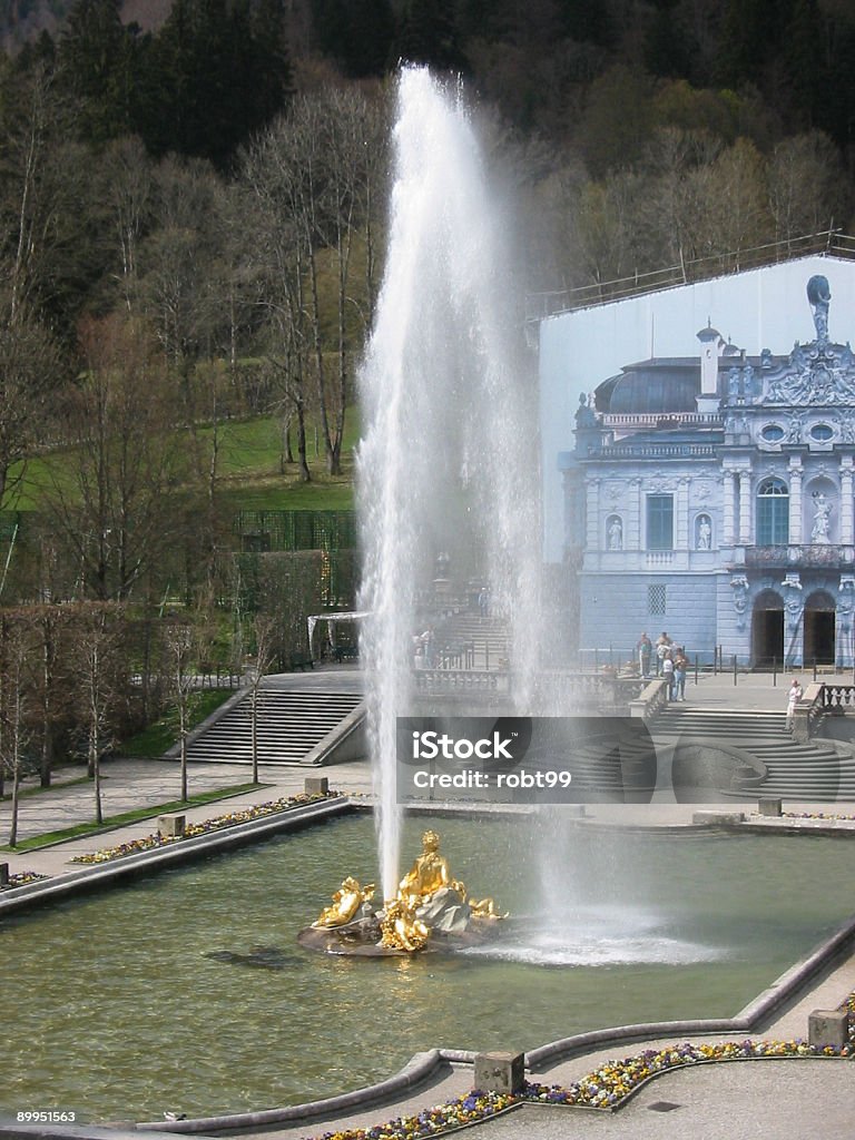 Linderhof Palace Fountain Fountain spraying at Linderhof palace in Bavaria. Linderhof Castle Stock Photo