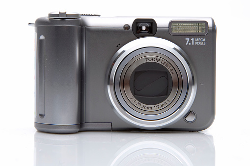 Isolated image of a 7.1 MB Digital camera. Front View